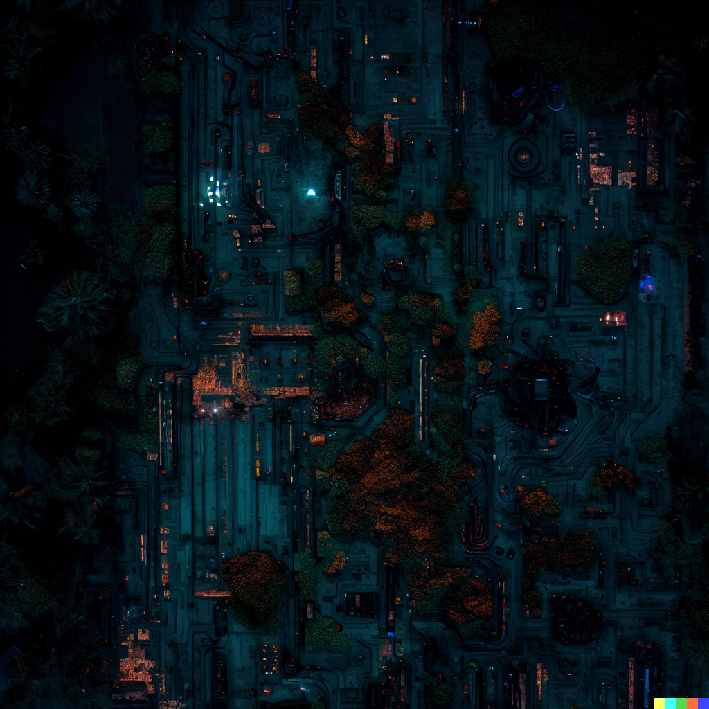 DALL·E 2023-06-26 12.47.02 – top down minimalistic aerial photograph, artistic, of a landscape full of decaying tech like a circuit board alien tropical landscape, dark with neon