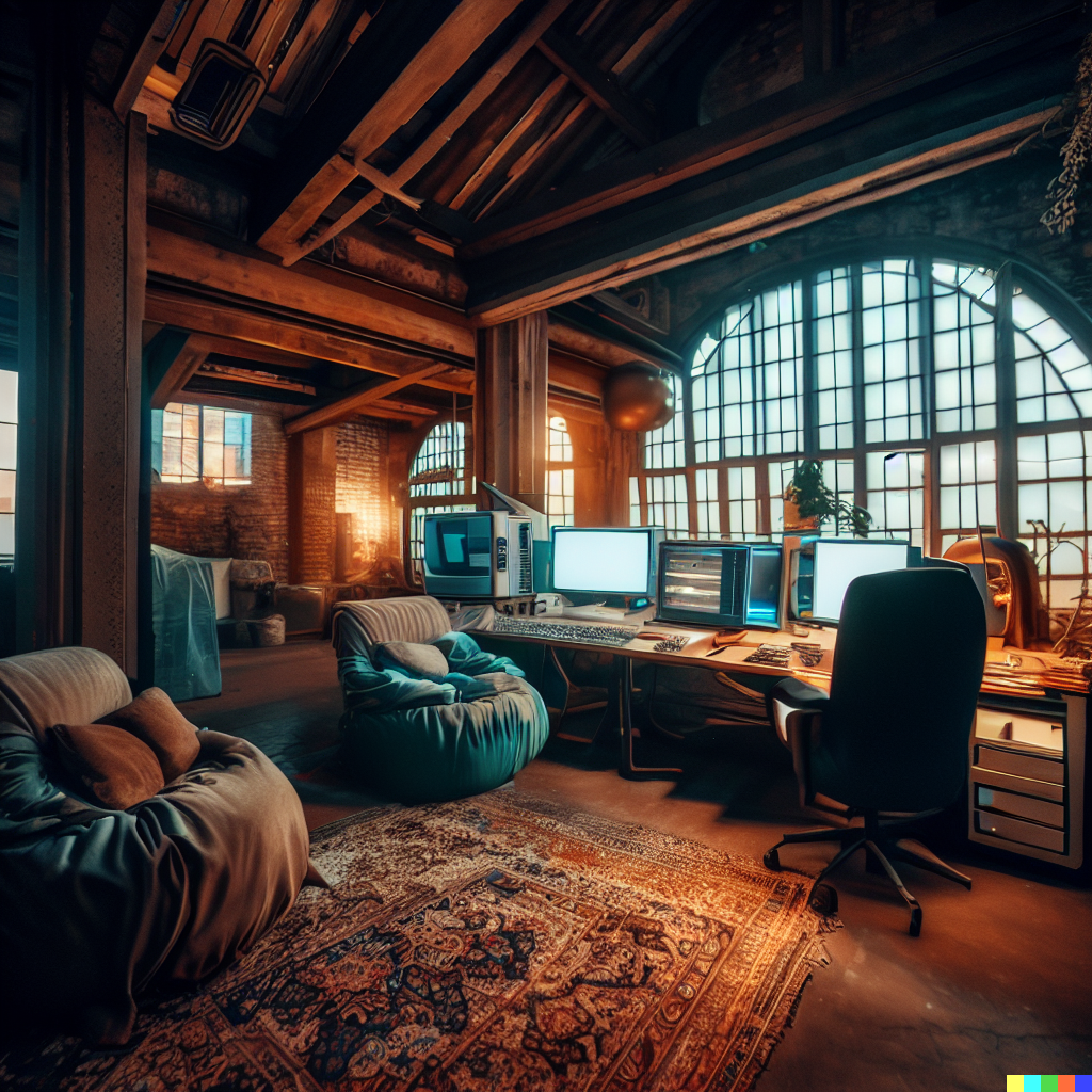 DALL·E 2023-06-26 12.47.08 – an amazing cozy computer office in an abandoned warehouse wide shot