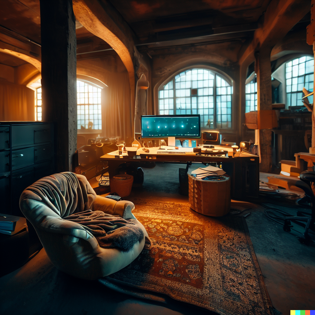 DALL·E 2023-06-26 12.47.11 – an amazing cozy computer office in an abandoned warehouse wide shot
