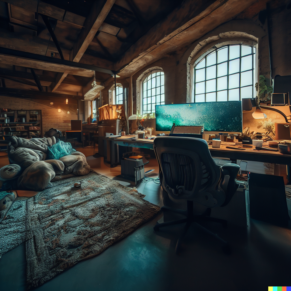 DALL·E 2023-06-26 12.47.18 – an amazing cozy computer office in an abandoned warehouse wide shot