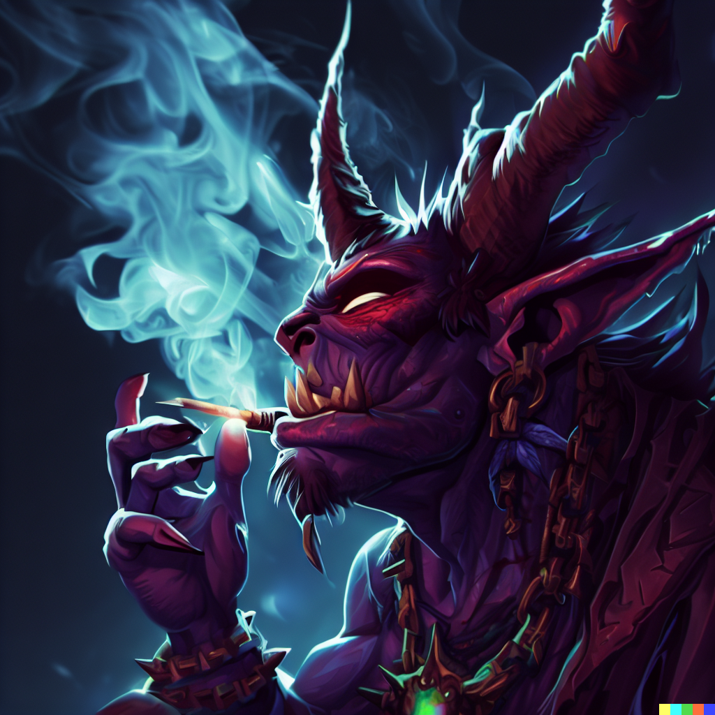 DALL·E 2023-06-26 12.47.44 – a world of warcraft demon smoking a joint