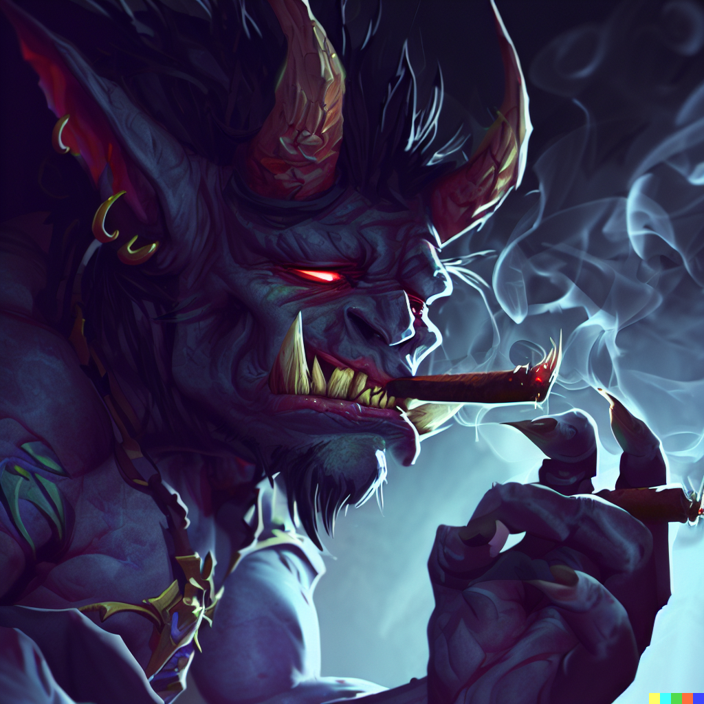 DALL·E 2023-06-26 12.47.48 – a world of warcraft demon smoking a joint