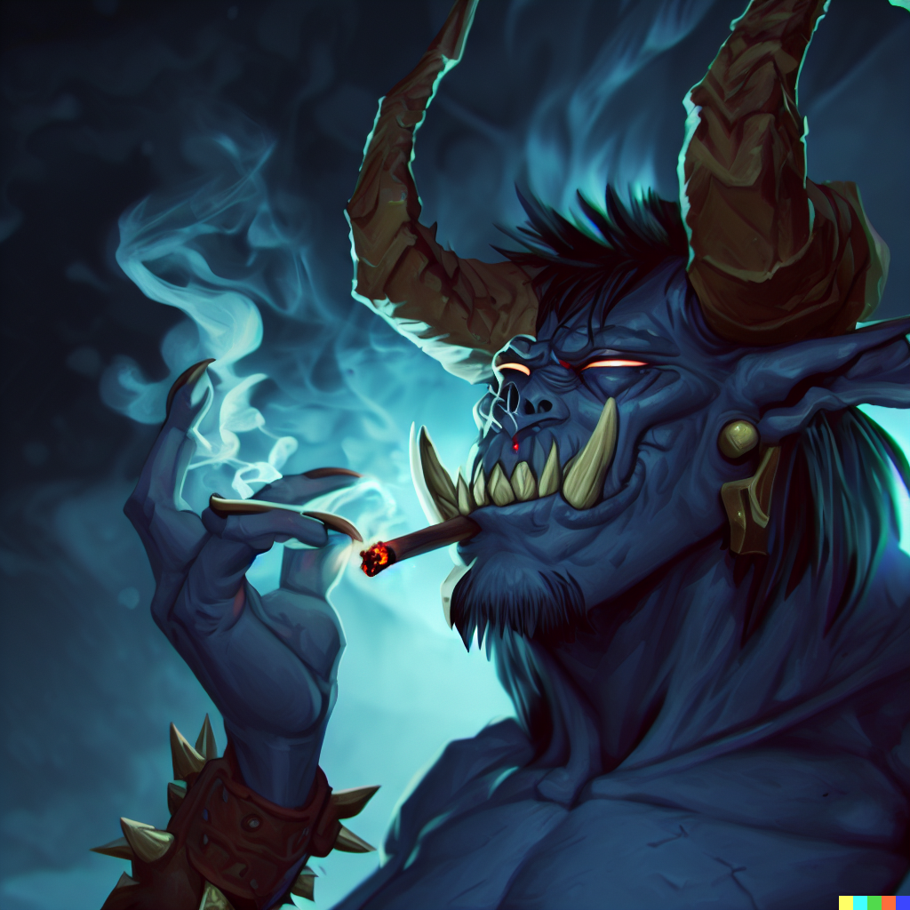 DALL·E 2023-06-26 12.47.53 – a world of warcraft demon smoking a joint