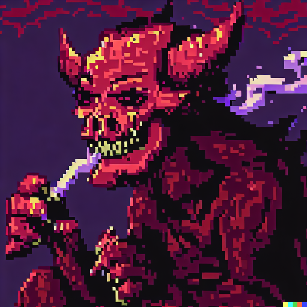 DALL·E 2023-06-26 12.47.58 – high quality pixel art of a demon enjoying a joint