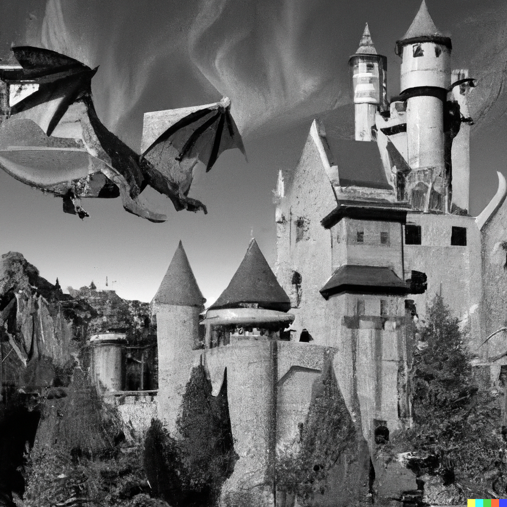 DALL·E 2023-06-26 12.48.32 – a photograph of a fantasy castle with a dragon flying above taken by ansel adams
