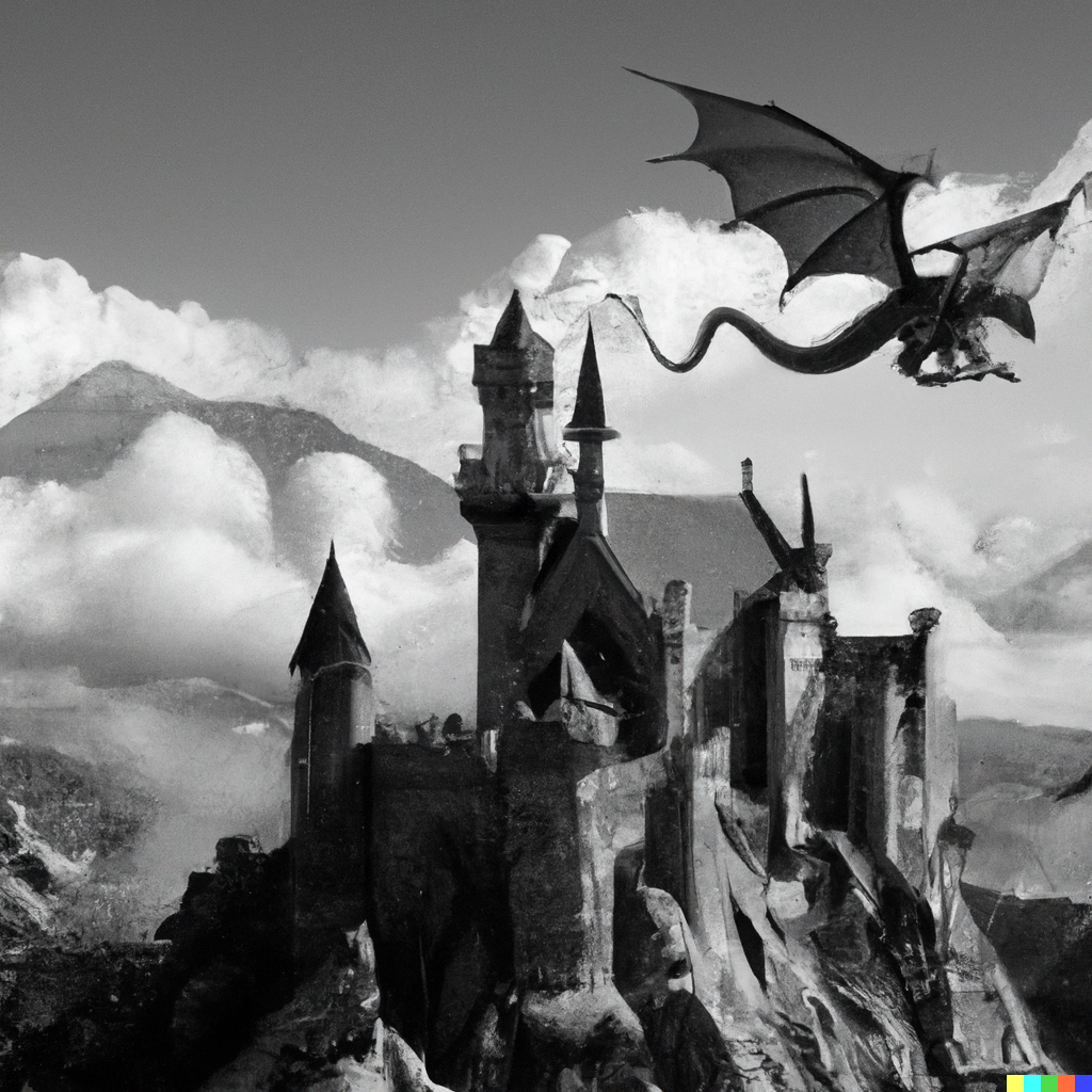 DALL·E 2023-06-26 12.48.38 – a photograph of a fantasy castle with a dragon flying above taken by ansel adams