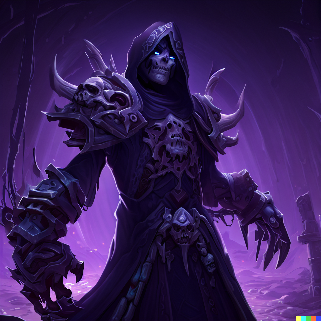 DALL·E 2023-06-26 12.49.17 – an undead world of warcraft shadow priest in tier 3 gear